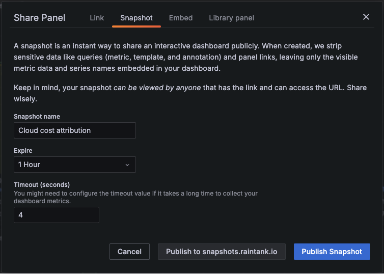 Snapshot of the share panel dialog, with Snapshot name, Expire and Timeout fields.