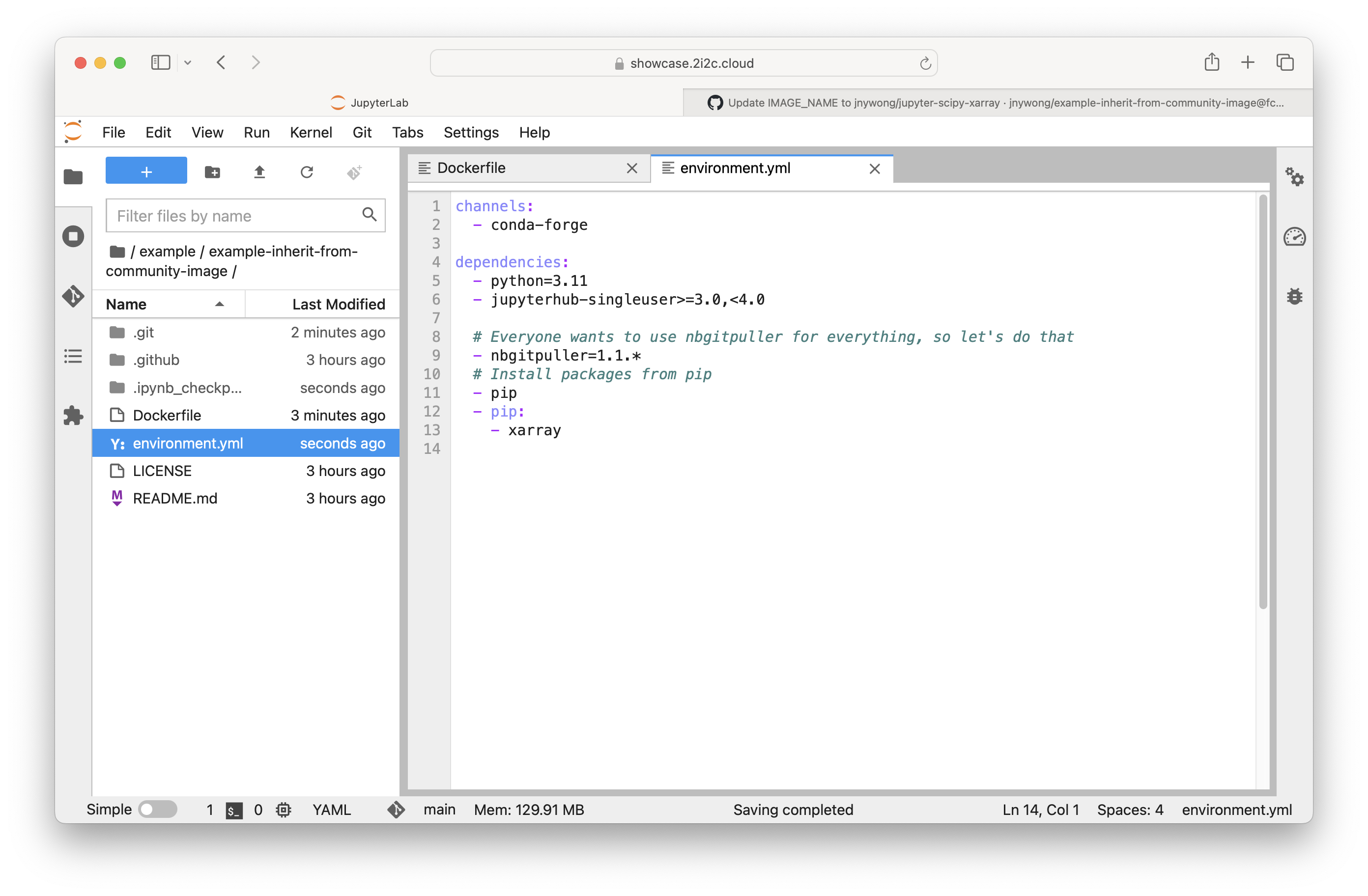 Screenshot of updating environment.yml.