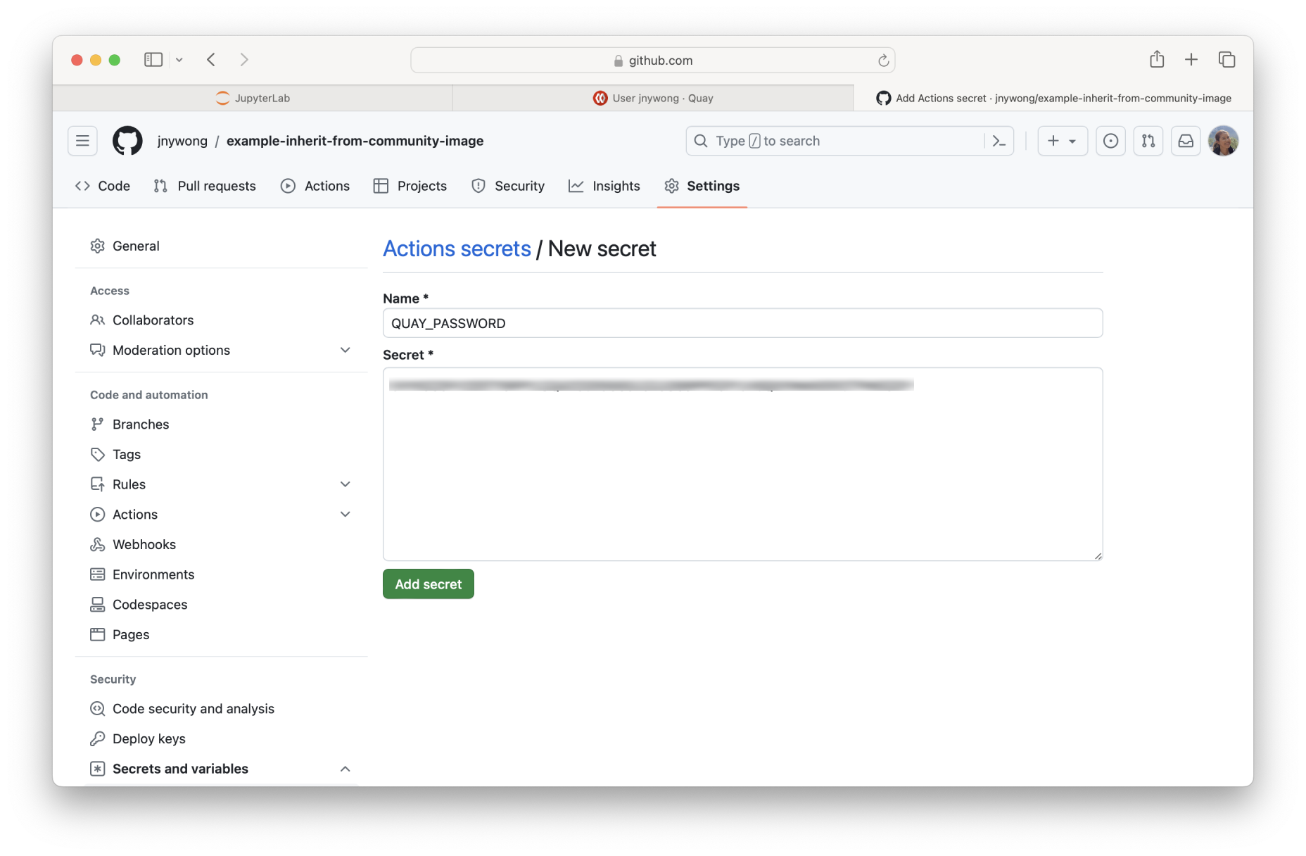 Screenshot of adding the QUAY_PASSWORD as a GitHub secret.