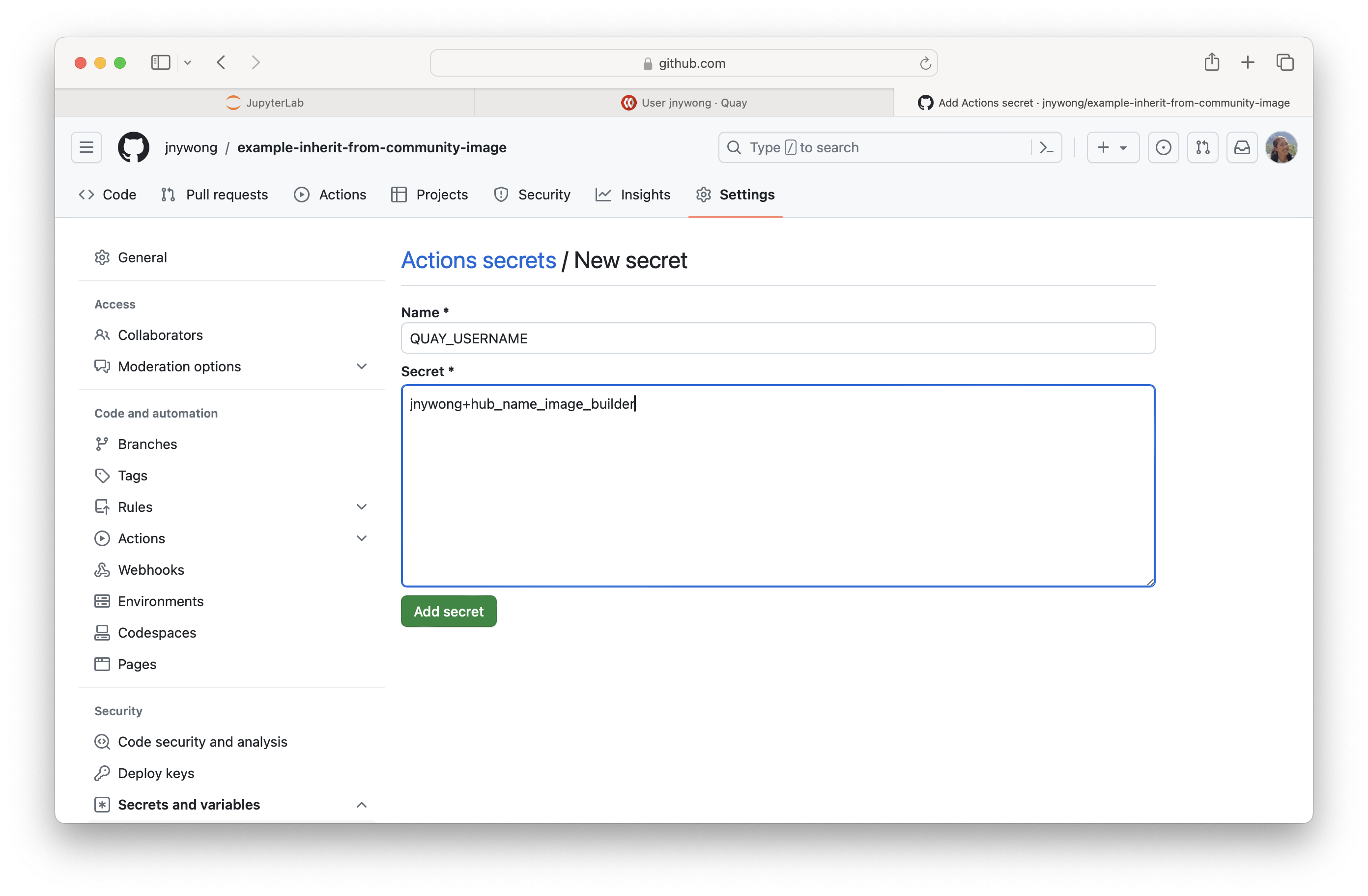 Screenshot of adding the QUAY_USERNAME as a GitHub secret.