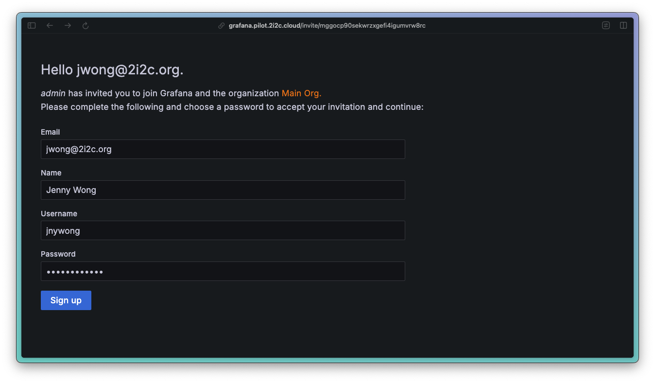Screenshot of a form containing fields for email, name, username and password.