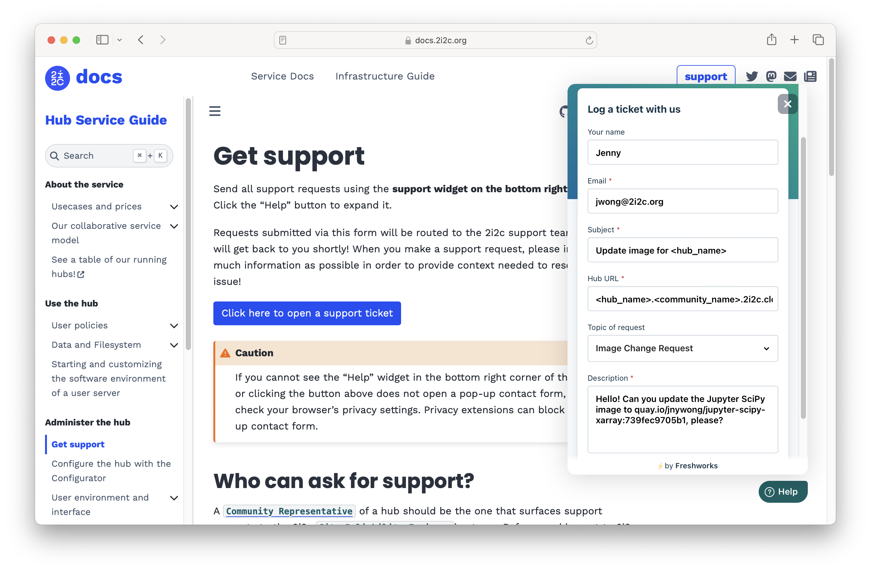 Screenshot of 2i2c support ticket.