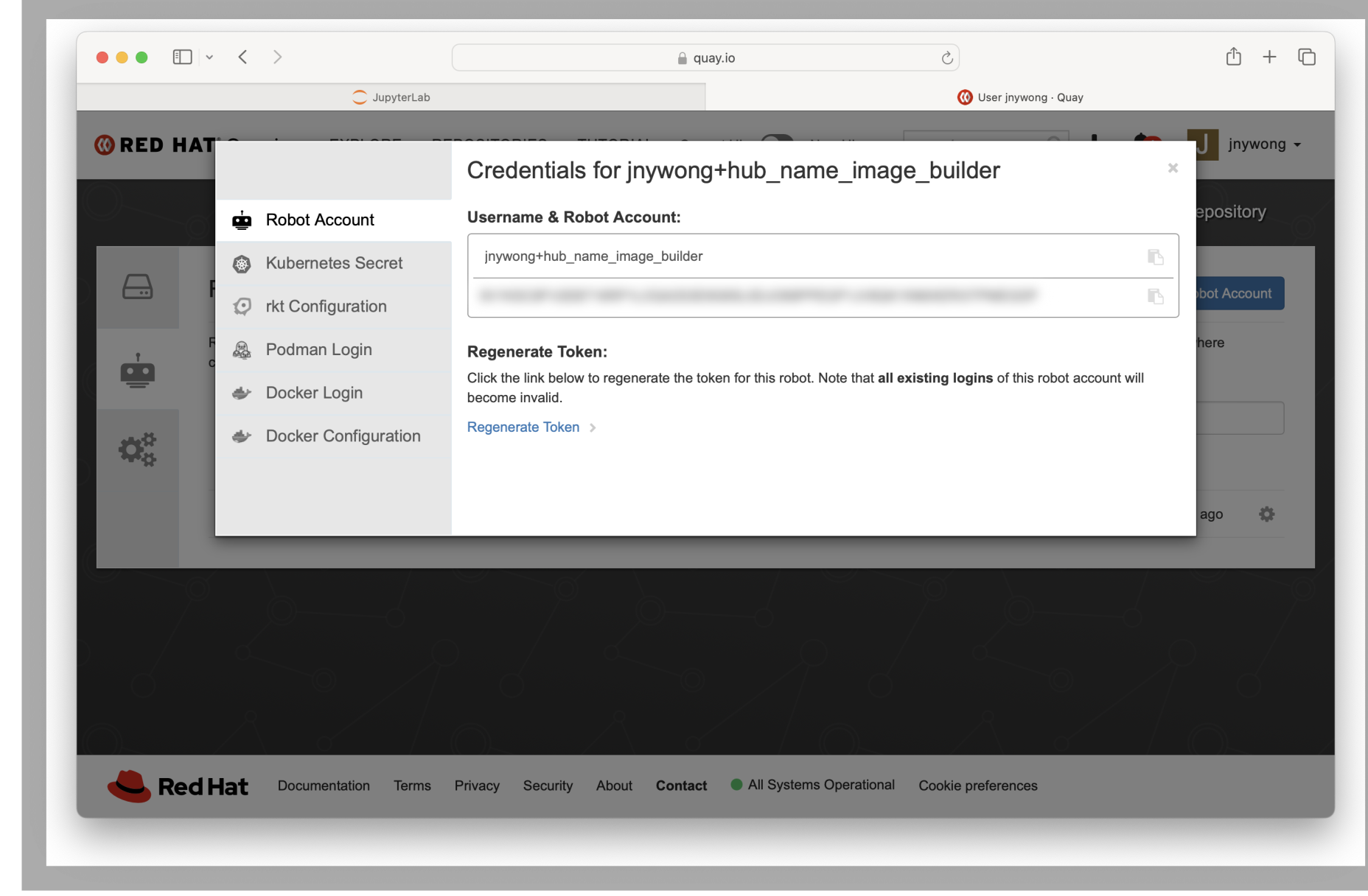 Screenshot showing the username and password credentials of a Robot Account on quay.io.